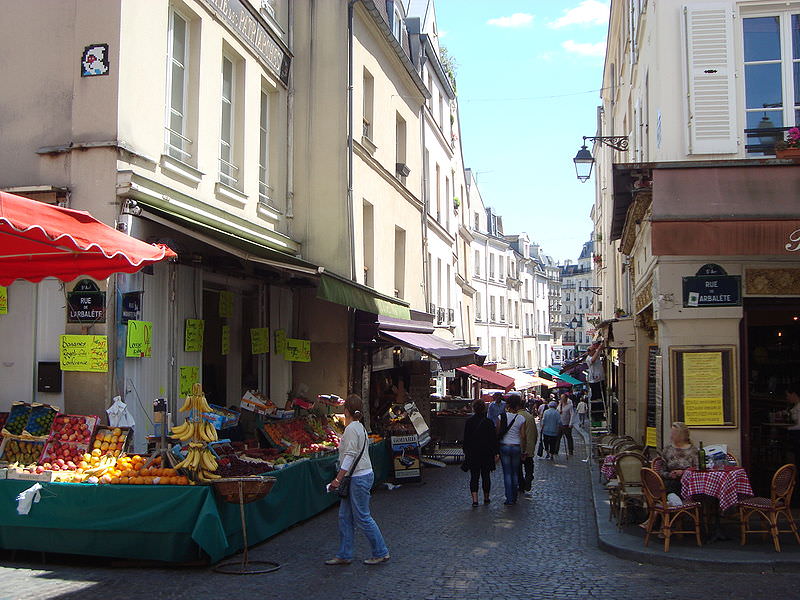 Shoppers on rue Mouffetard 5th Arrondissement Paris neighborhood