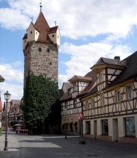 Medieval city tower in Herzogenaurach with halftimbered houses