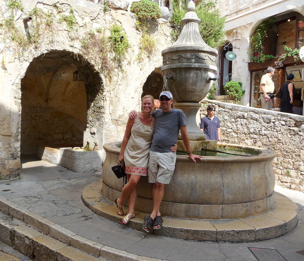 Posing at the fountain in  St. Paul de Vence
