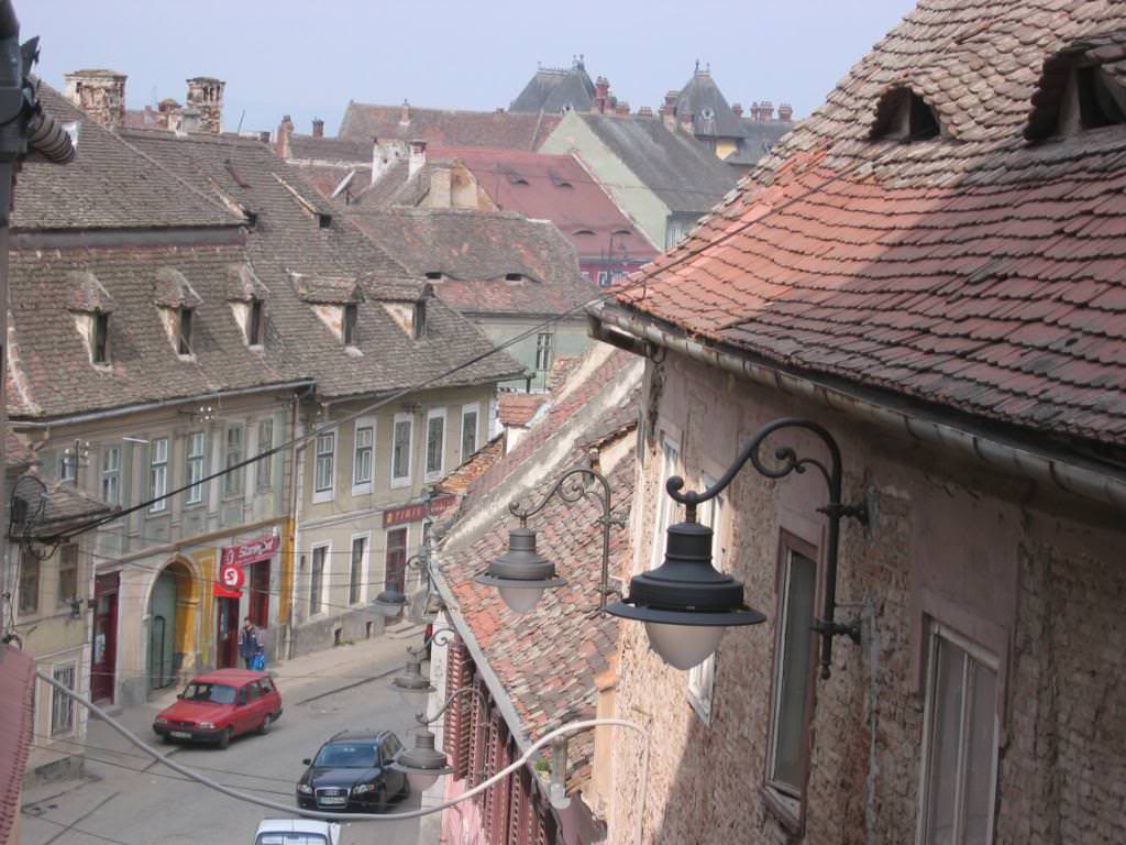 view of a typical street in the center of romanian city sibiu