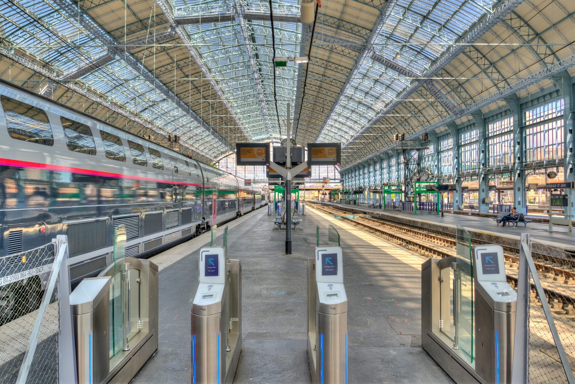 Train station with two trains on stand by at the Bordeaux station