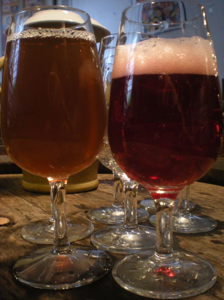  Samples of the faro, left, and the framboise beers
