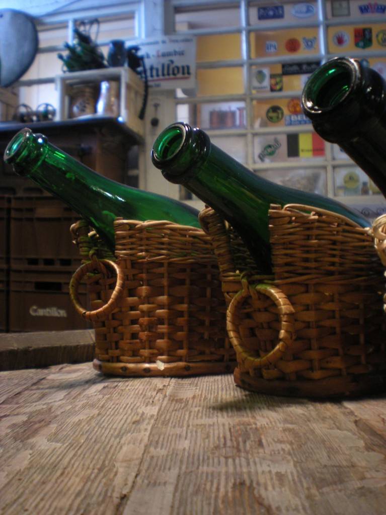 Bottles of gueuze, kriek and framboise