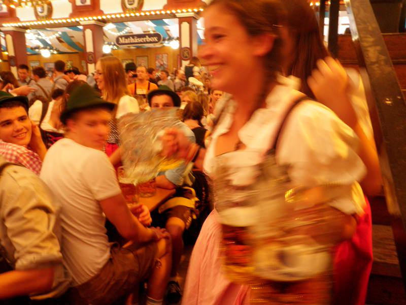 Waitresses carry up to ten-steins at a time 