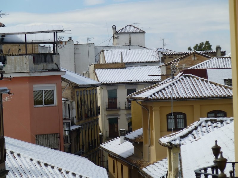 Snow covered roofs after a winter storm in Granada