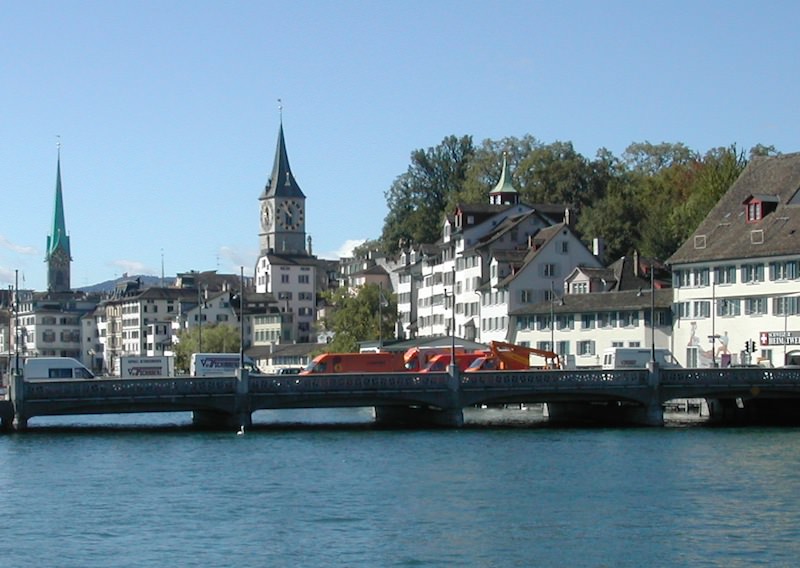 Several bridges cross the Sihl River--old Zurich in background