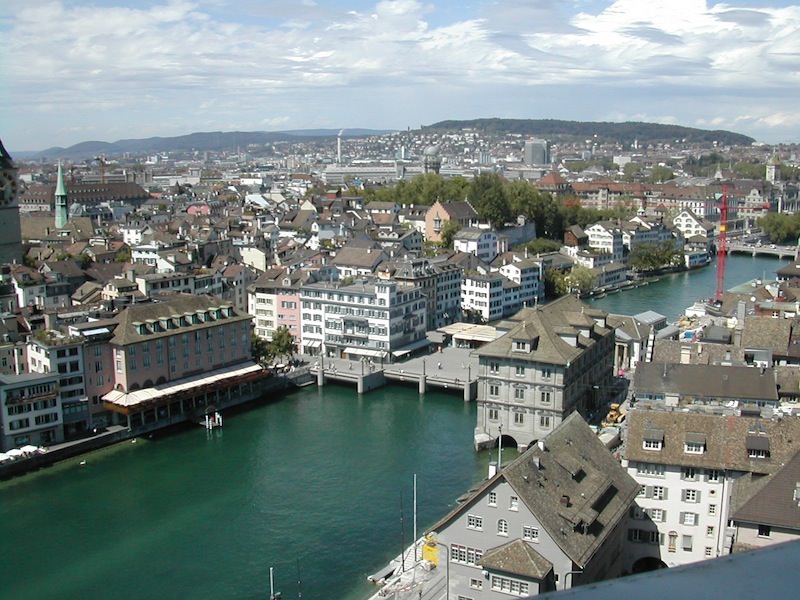 view from the wasserkirk over the limmat river and old zurich