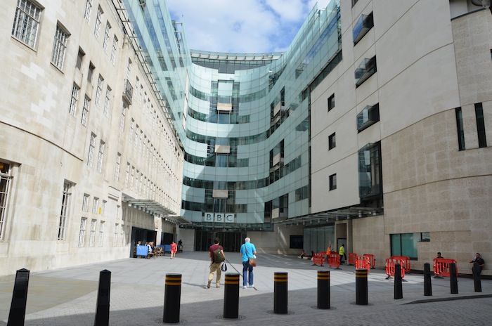 We enter the BBC Broadcasting House through a wide courtyard, thirty meters across, and 60 meters deep.