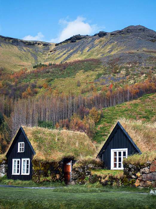 The turf houses of Iceland were the answer for survival in a harsh climate. With no timber, settlers built them with rocks and turf and often backed them deep into hillsides. The remaining few, built in the late-1800s, were occupied till the 1950s and ‘60s