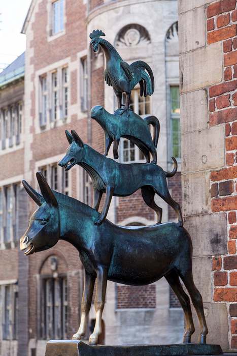 A commemorative sculpture of the Bremen Town Musicians in Bremen, Germany's Fairy tale cities