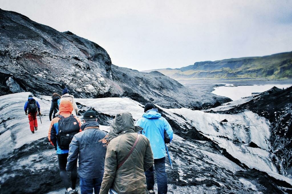 A group of hikers hiking on a glacier in Iceland