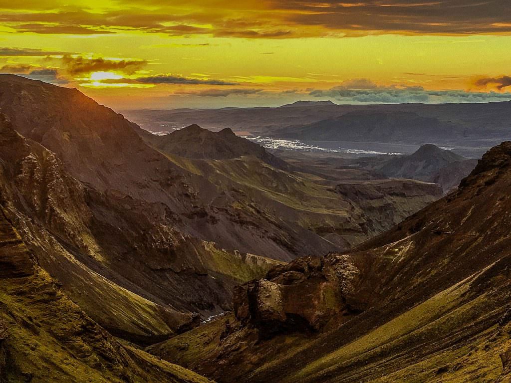 Sunset with yellow sky over the Central Mountains of Iceland