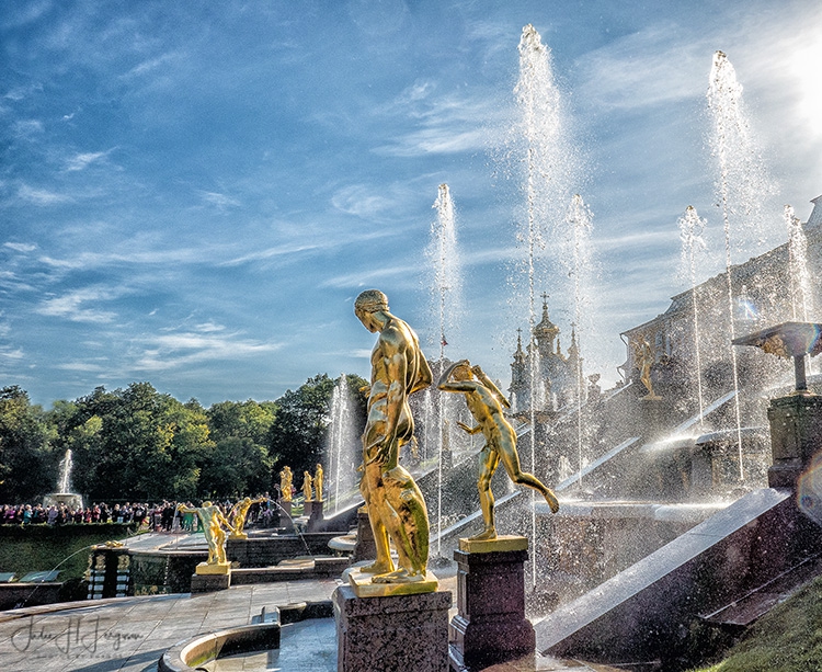 Grand Cascades with golden Statues at Samson Fountain at Peter the Great’s Peterhof Palace