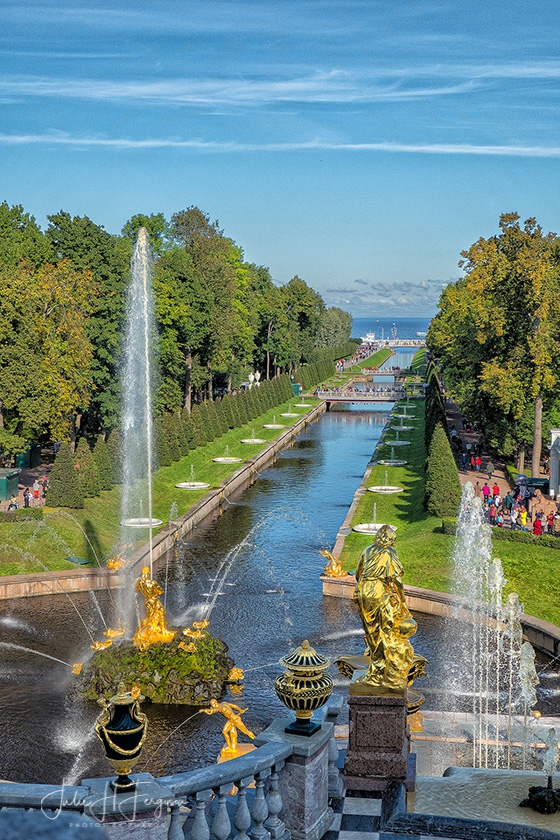 Gardens from the above the Grand Cascades with Cupola at Peter the Great’s Peterhof Palace in St. Petersburg Russia