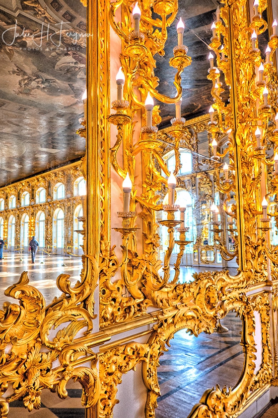 Gold mirrors at Great Hall at the Catherine Palace at Pushkin near St. Petersburg Russia