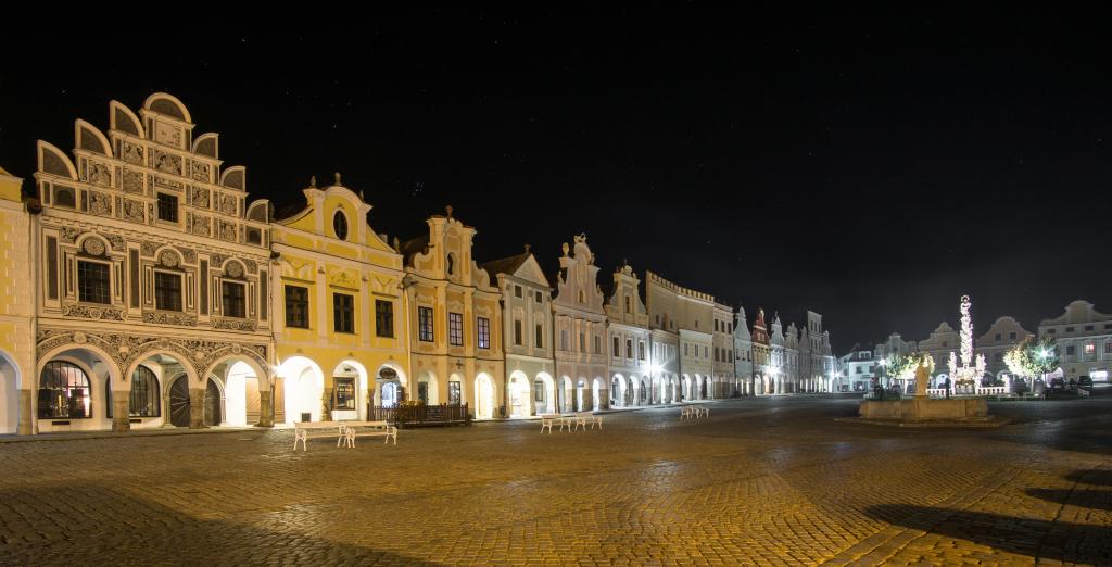 Historic Telc, a UNESCO Site in Czech Republic at night 