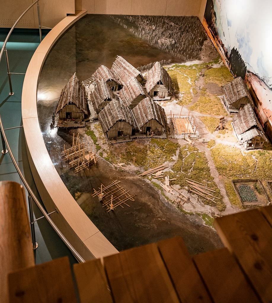 Birds-Eye View of Model of Pile Dwelling Settlement in Fiavé - UNESCO World Heritage Site - Prehistoric Pile Dwellings around the Alps Museum in Fiavé Trentino Italy
