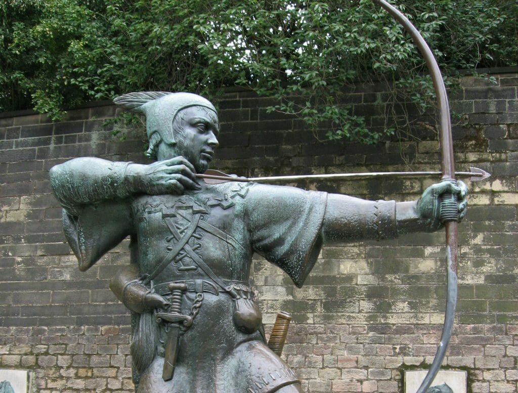 Nottingham Robin Hood Trail Statue of robin hood holding bow and arrow