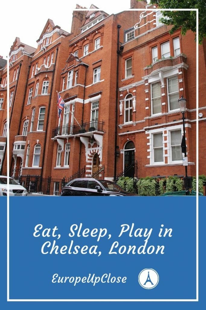 Pin: Eat, Sleep, Play in Chelsea, London with photo of brick building in Chelsea