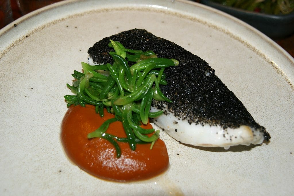 Beautiful squid ink crusted turbot