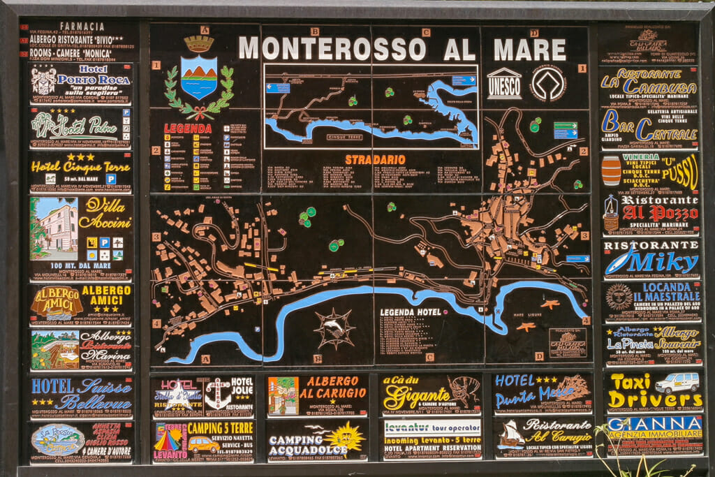 A Cinque Terre Hike - Detailed map on a street sign posted near the parking area of Monterosso Al Mare.