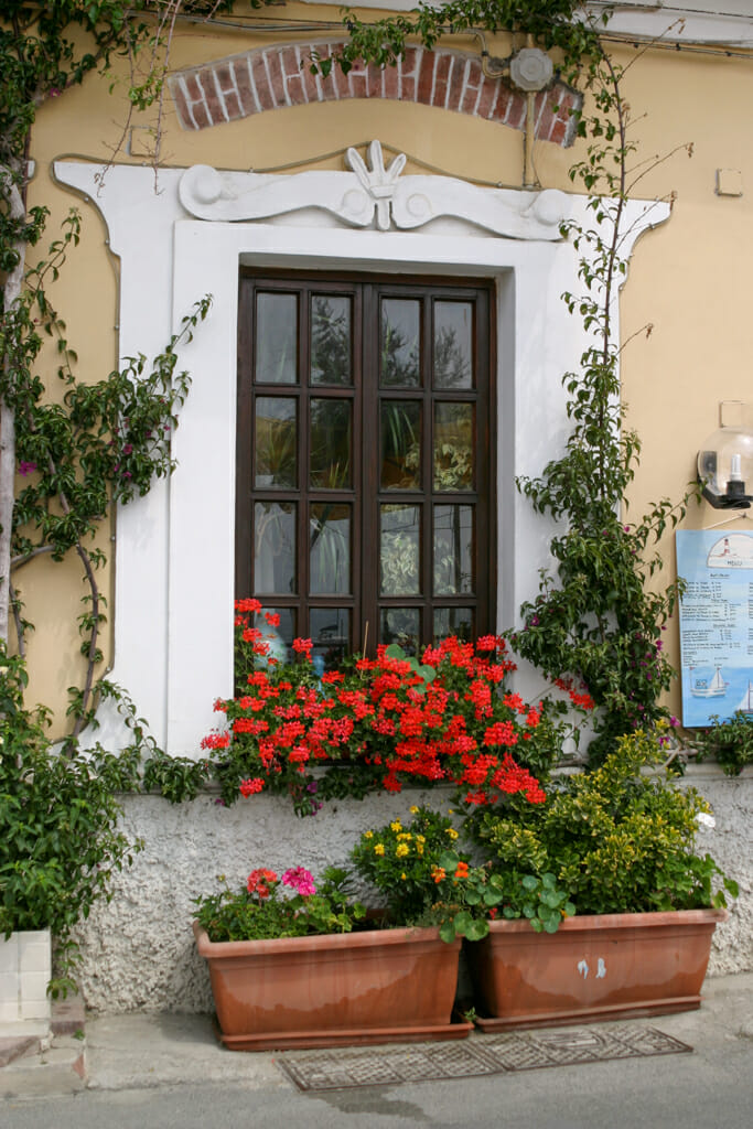 Vibrant red geraniums at a restaurant window greet visitors entering the village of Monterosso Al Mare.
