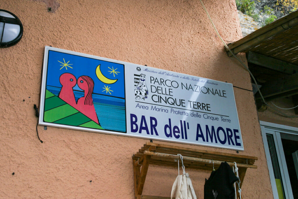 Cinque Terre Trail - Bar of Love on coastal walkway Via dell’Amore. It used to be a gunpowder warehouse to supply construction of the train line in the 1920’s.