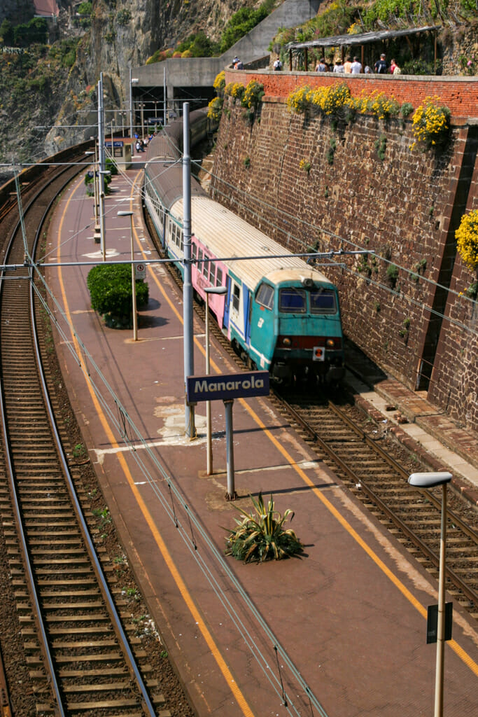 Looking down on the train line from the village of Manarola.