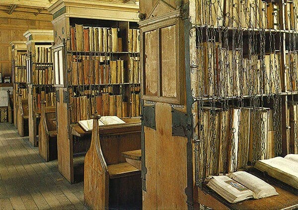 The aisles of the Hereford Cathedral library