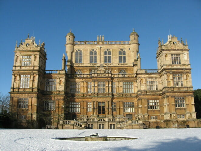 Gorgeous castle surrounded by snow on a clear winter's day in Nottingham