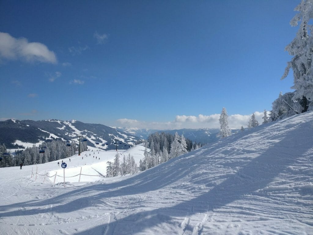 Snowy ski runs from a distance