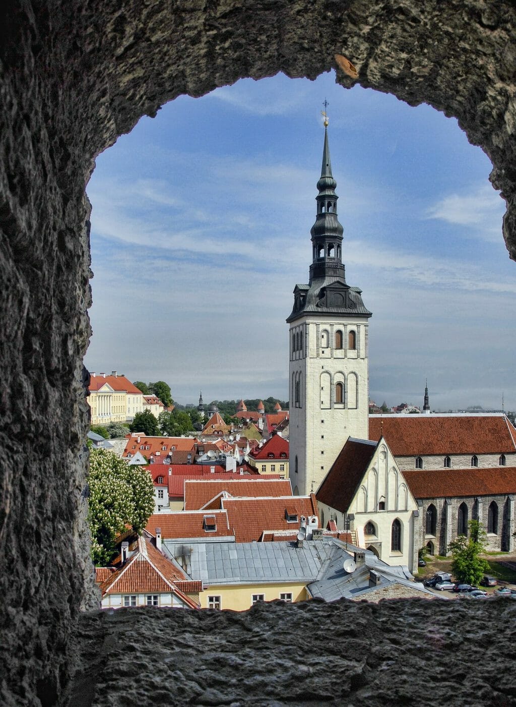 View of the church from a stone window in Estonia