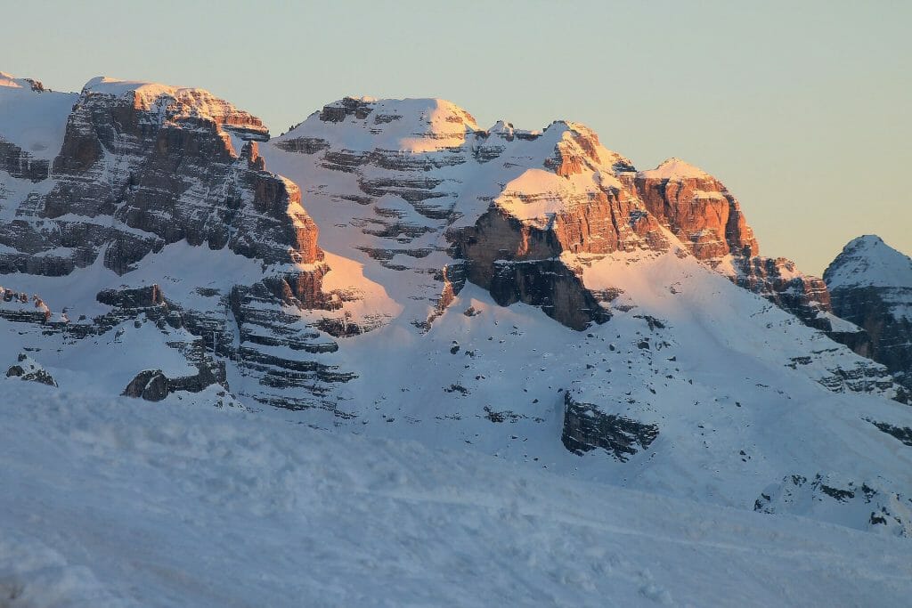 Peaks of the Dolomites as the sun sets in the west 