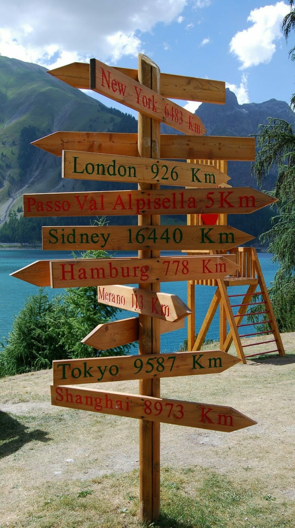 Signs depicting the distance from Livigno to said places in kilometers