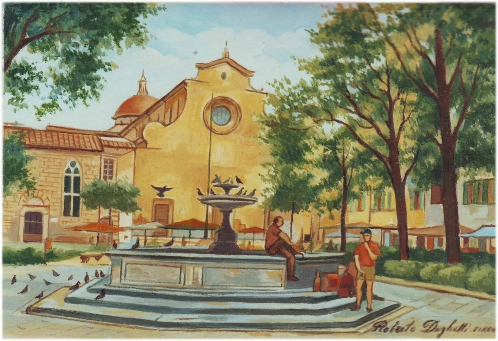 Drawing of the beige building with crows cooing around the fountain in front of it as a man lounges and a boy looks around