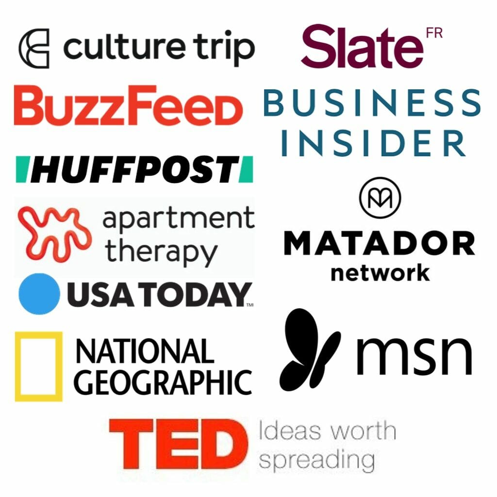 Logos of publications that have featured EuropeUpClose: Culturetrip, Slate France, Buzzfeed, Business Insider, Huffpost, Matador Network, Apartment Therapy, USA Today, National Geographic, MSN, TED