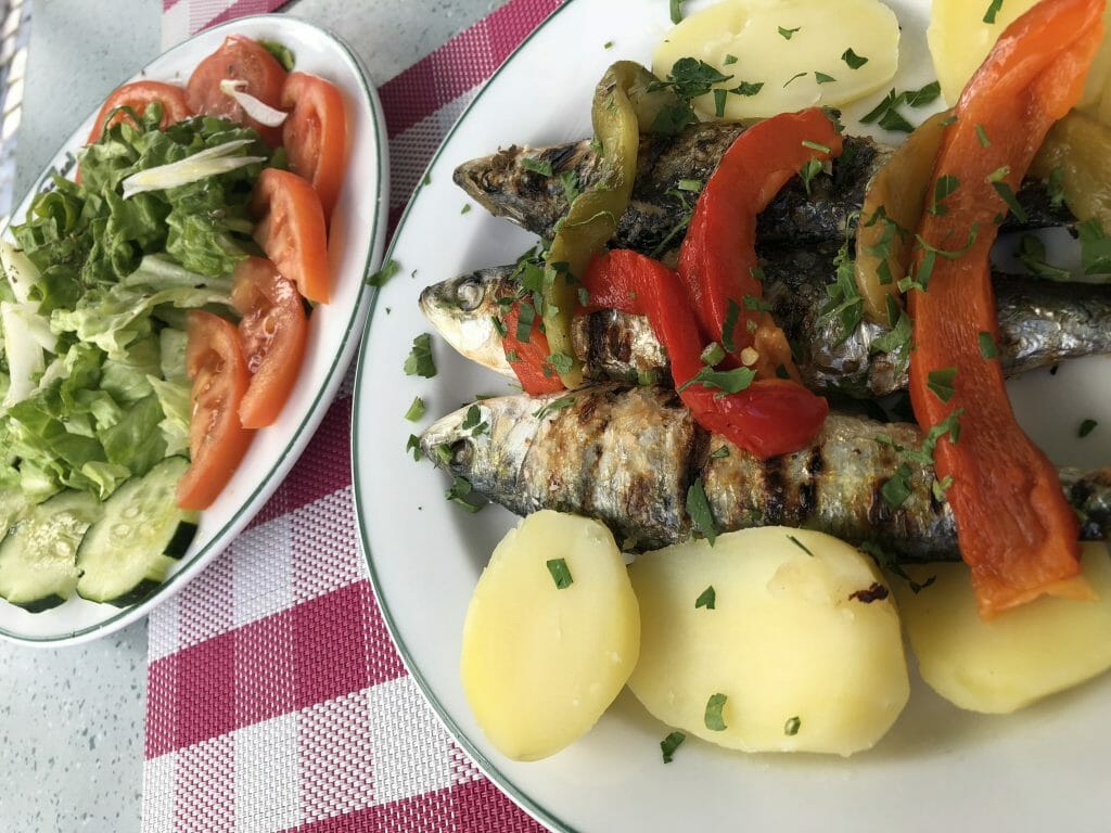 Portuguese Food - Fried Sardines with potatoes and mixed salad