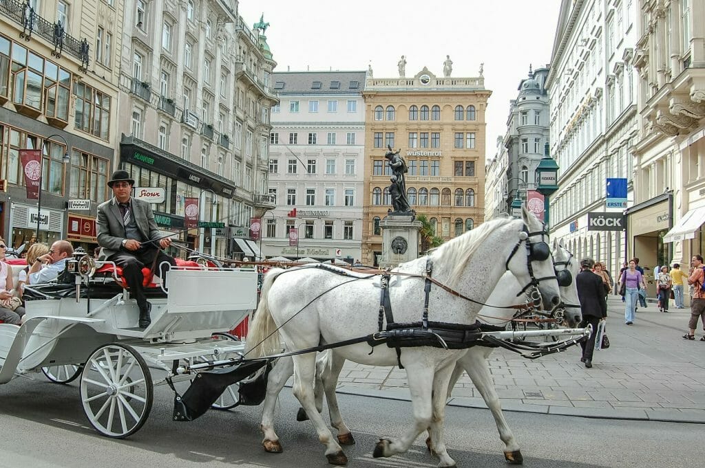 Vienna town square in the day time with a horse drawn carriage idly going around