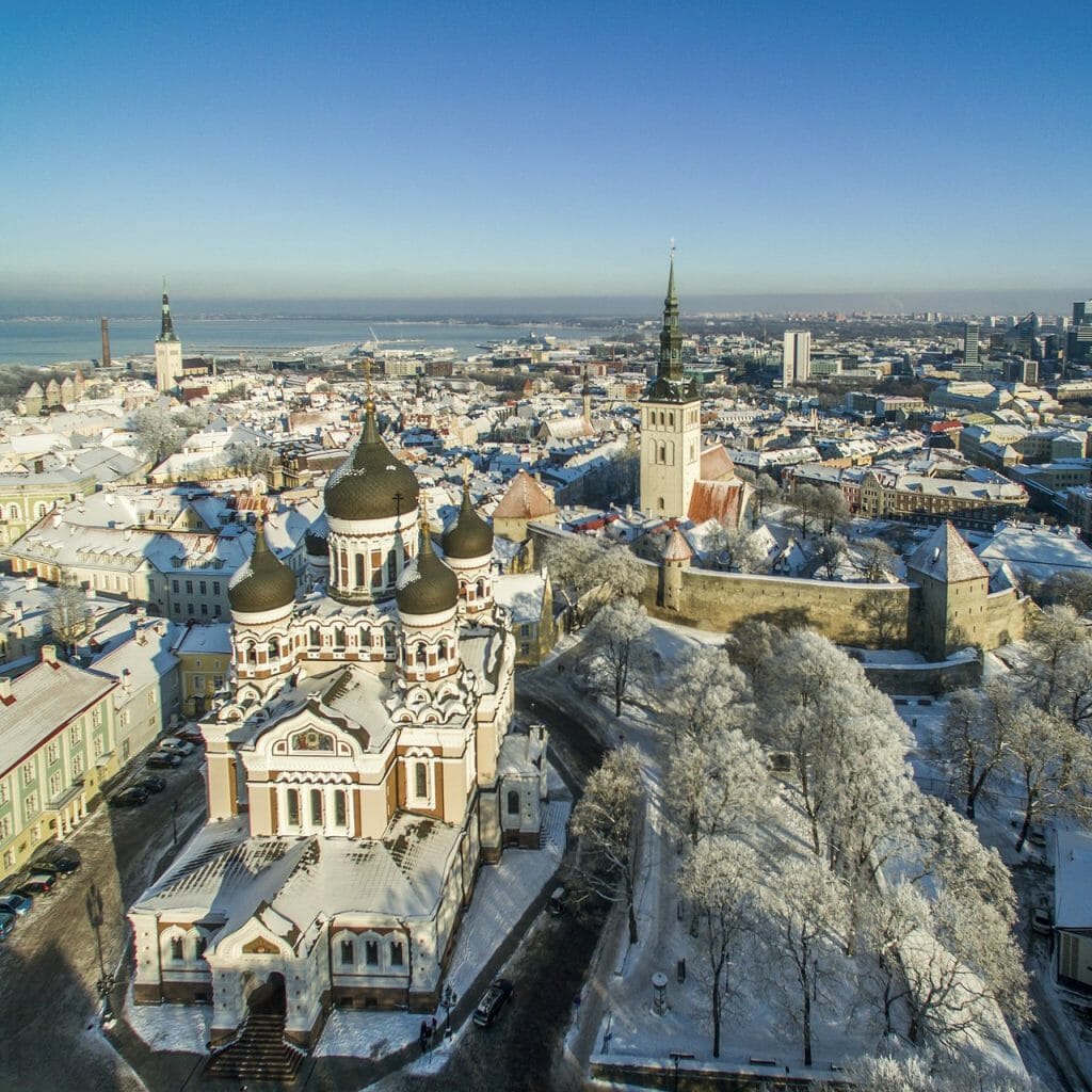 Birds-eye view over Tallinn in Winter with snow on the buildings, including the Alexander Nevsky Basilica