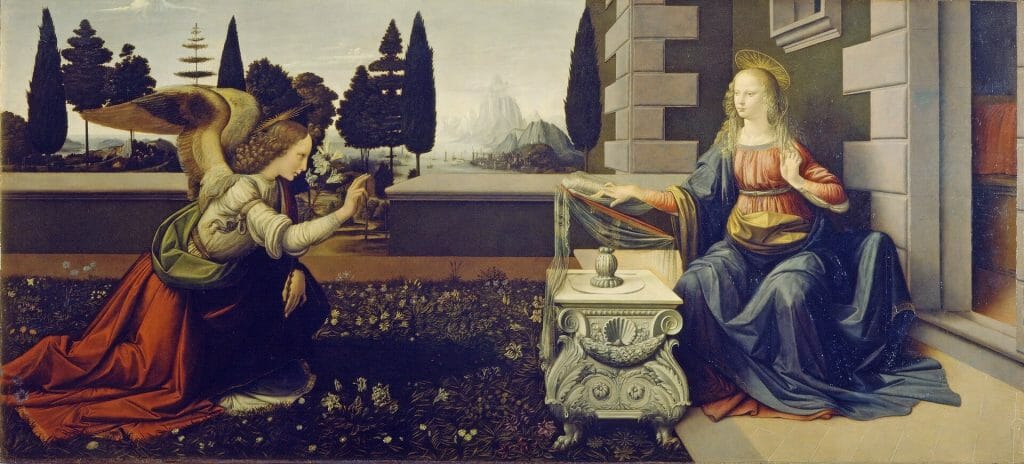 Painting of an angel bowing to a woman in the garden with lush trees in the background