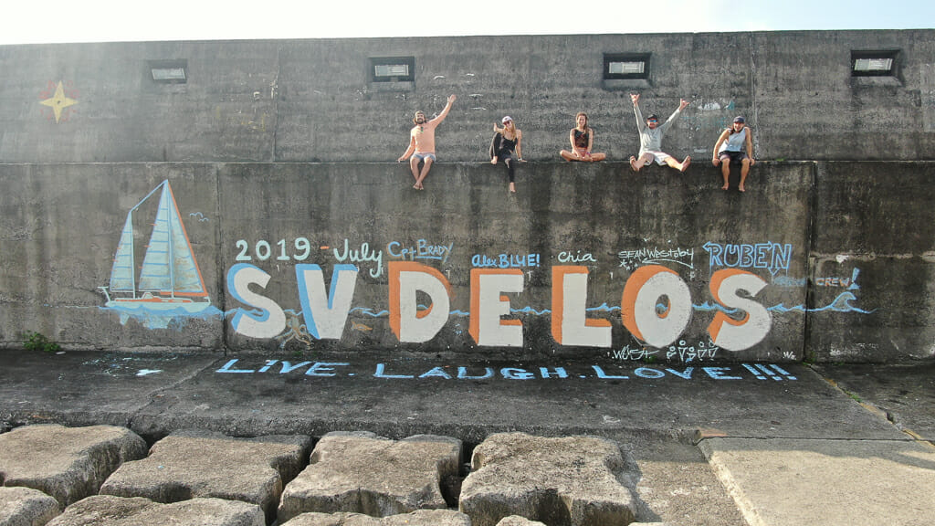 SV Delos Crew and Mural in Faial Island, Azores 