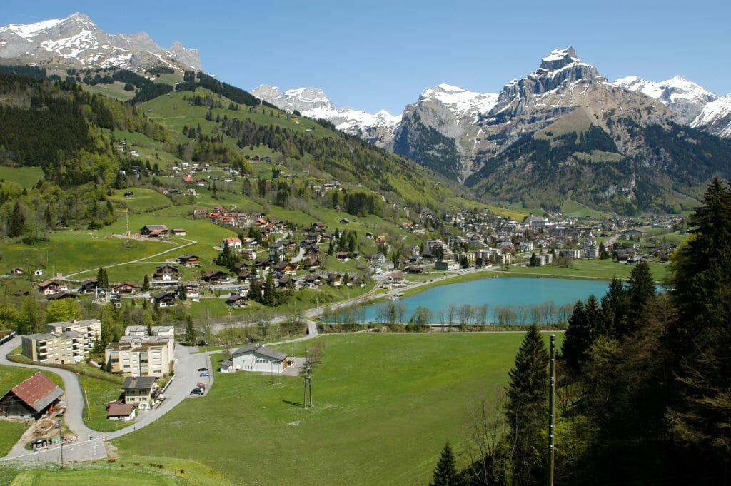 The village of Engelberg on the Swiss alps from a view point with lake