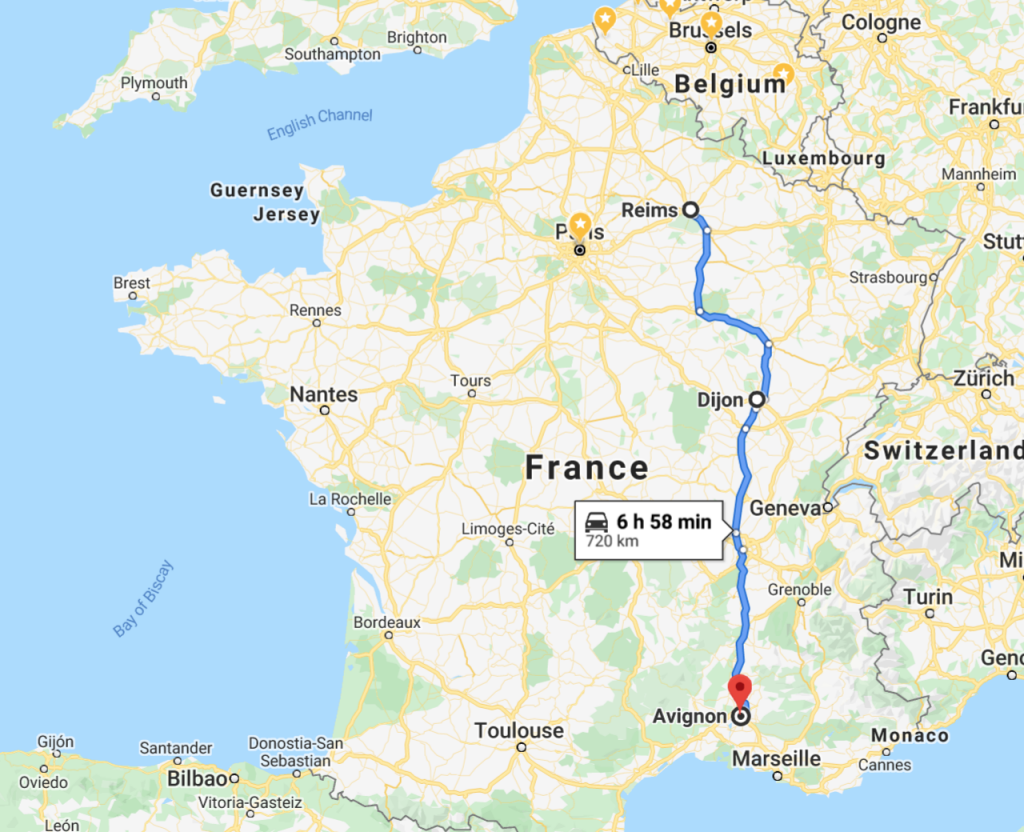 Map of France with a route from Reims to Dijon and Avignon 