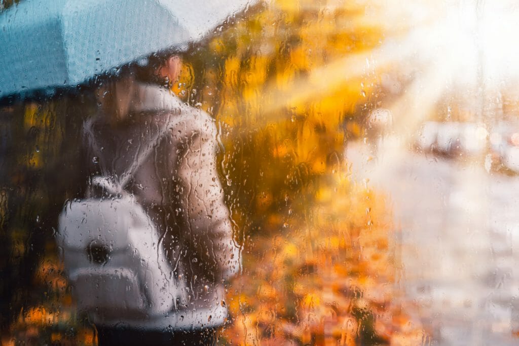 Silhouette of girl wear aviator jacket with umbrella standing behind the window covered with rain drops in golden autumn season. Backlit sunset sun beam flares after wet rainy weather