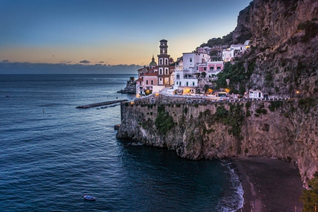 Village of Atrani on the Amalfi Coast in southern Italy at dusk