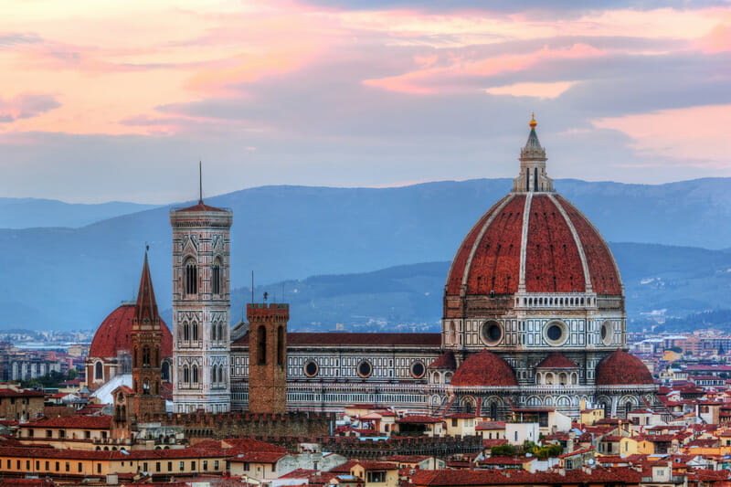 Florence, Italy skyline at sunset. Cathedral of Saint Mary of the Flowers. Italian Cattedrale di Santa Maria del Fiore, Firenze