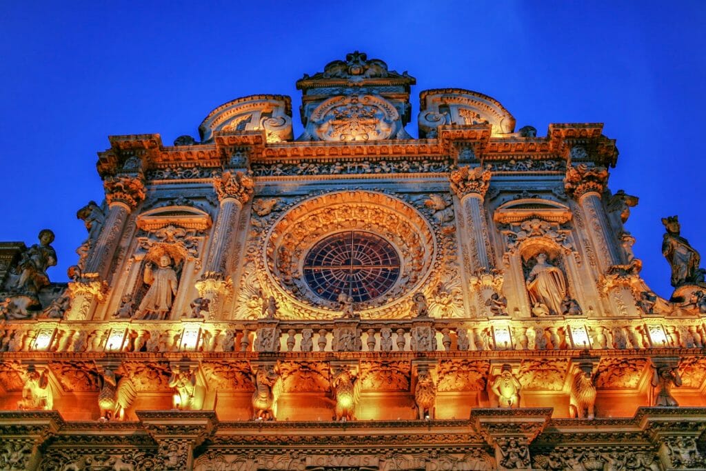 Italy Lecce Historic center "Santa Croce Church" baroque architecture at night. Italy