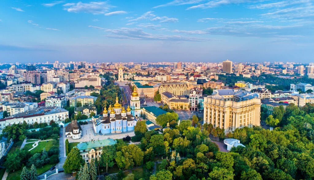 Aerial panorama of St. Michaels Golden-Domed Monastery, Ministry of Foreign Affairs and Saint Sophia Cathedral in Kiev - Things To Do in Kyiv - Ukraine