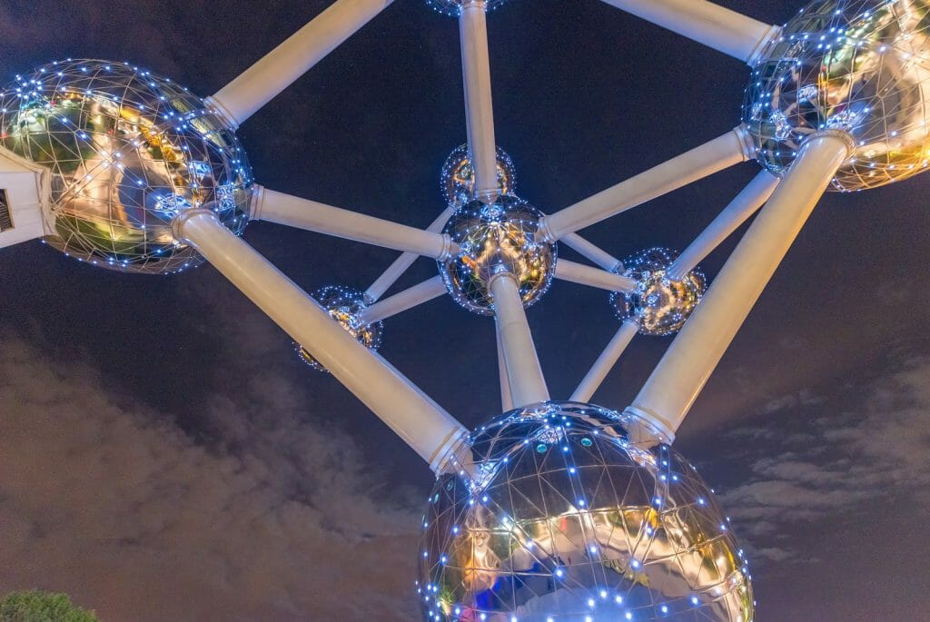 Atomium structure photographed at night from below
