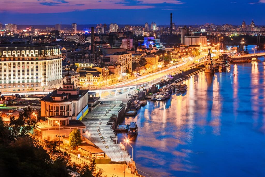 Scenic summer evening aerial view of Dnieper river pier and port in Kyiv, Ukraine. See also: